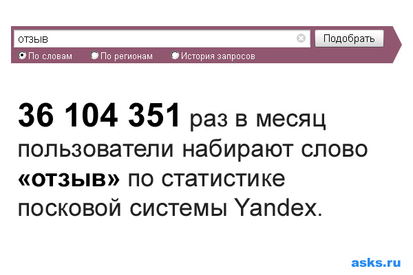 36 104 351 раз в месяц  пользователи набирают слово «отзыв» по статистике посковой системы Yandex.